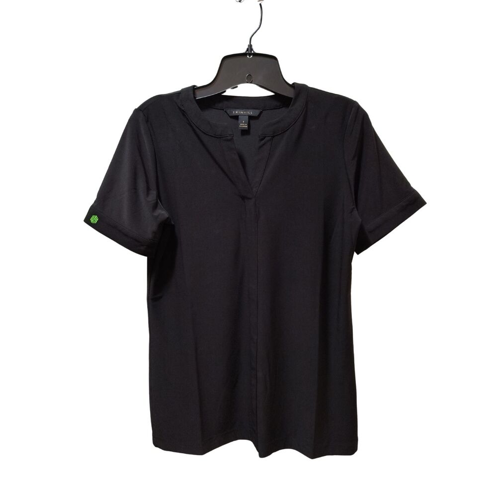 TWINHILL Blouse Women’s Small Black Split Neck Stretch Short Sleeve Top Shirt